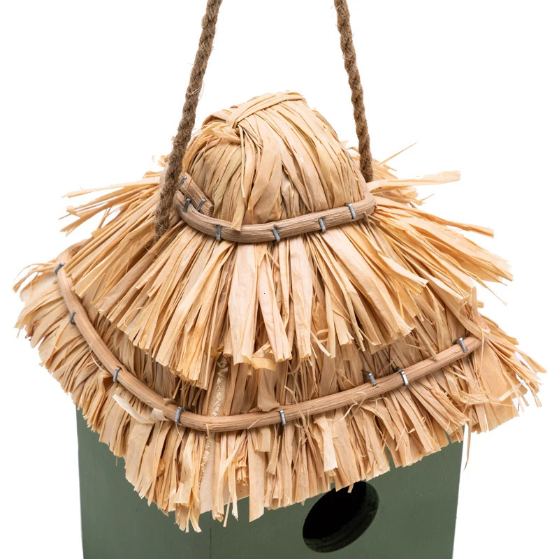 Wooden Bird House for Outdoor Hanging Natural Grass Outside Garden Patio DecorativeFrench font Tropical rainforest retro style 250206