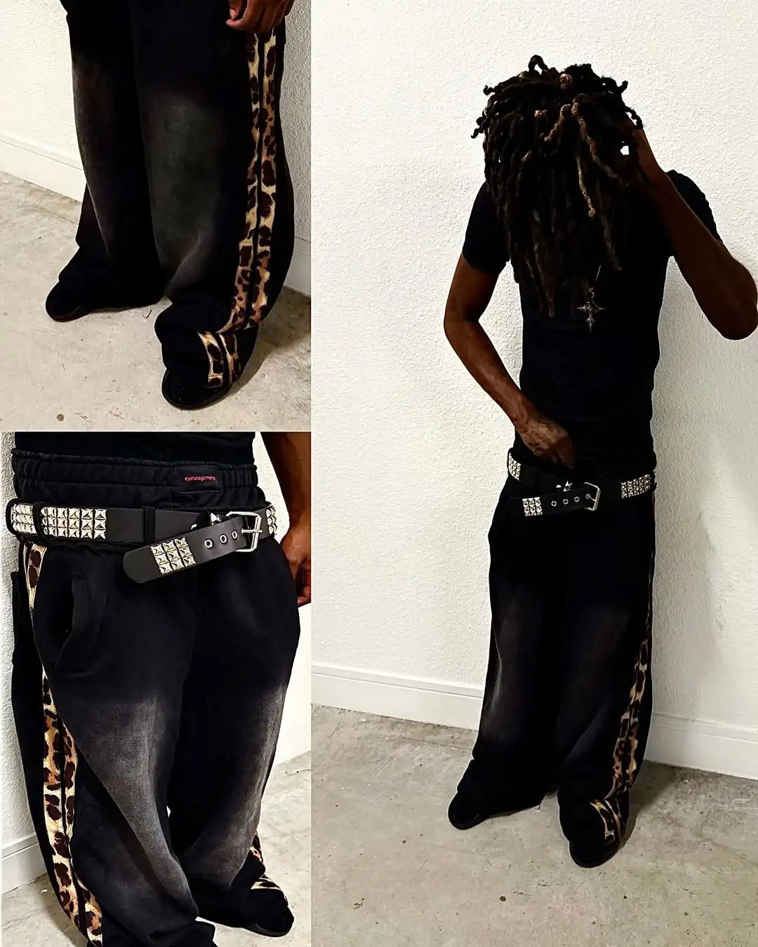 American Harajuku Low Wash Wouring Cotton Leopard Large Decoration Double Lims Leisure Pants Mens Trend Street Hip Hop 250213