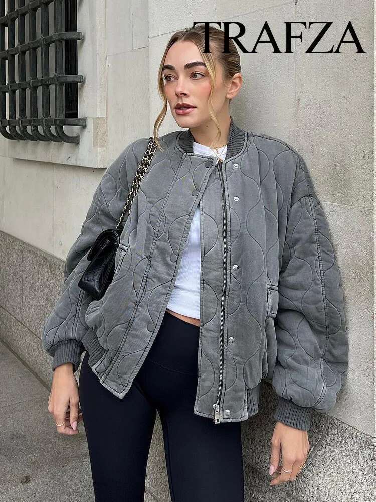 TRAFZA Winter Fashion Spliced Cotton Clothes Loose Bomber Retro Long Sleeve Women's Jacket with Pockets