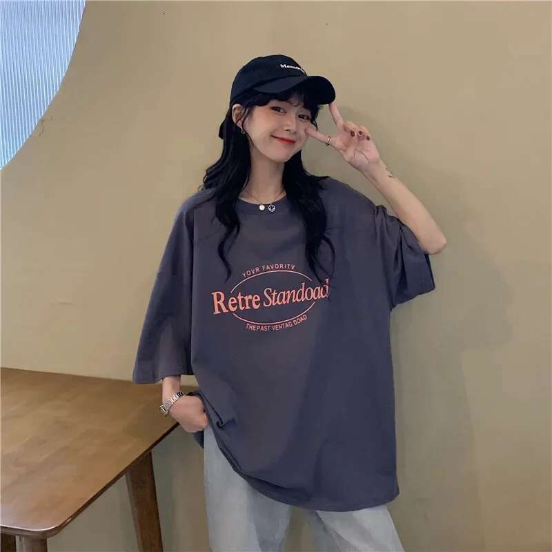 2024 Summer New Style Korean Vintage Medium-Length BF Loose-Fit Plus Size T-Shirt Top Women's Trendy Short Sleeves