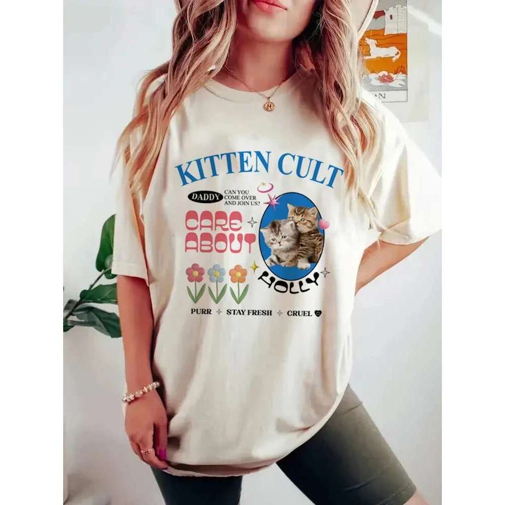 Plus Size Women Tshirt Kawaii Korean Fashion Kitten T-Shirt Cartoon Cute Pastel Cat Shirt Grunge Y2k Aesthetic Graphic Tops