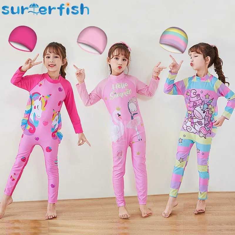Kids Wet suit Long Sleeve Surfing Suit Rainbow Star Diving Snorkeling Swimming Jumpsuit Dive Swimwear Girls With Cap Z250214