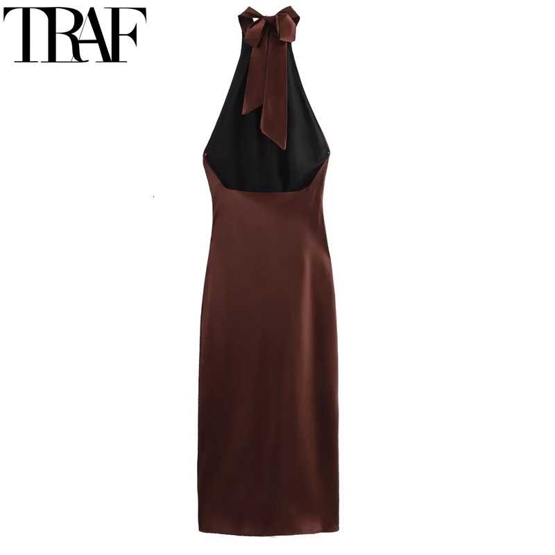 TRAF Halter Satin Long Dres Tied Backless Brown Midi Dress Summer Off Shoulder Party Dresses Pleated Evening y250207