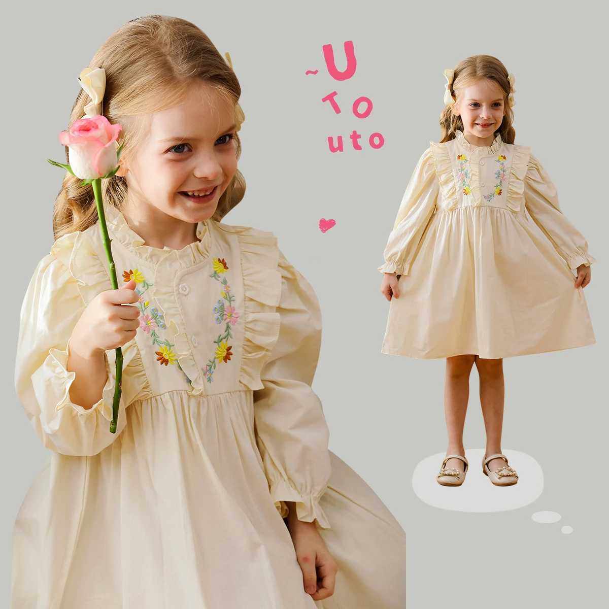 Girls Dress Flower Embroidery Stand Up Collar Kids Girls Dress 2025 Spring Ruffled Long Sleeved Sweet Childrens Princess Dress Z250214