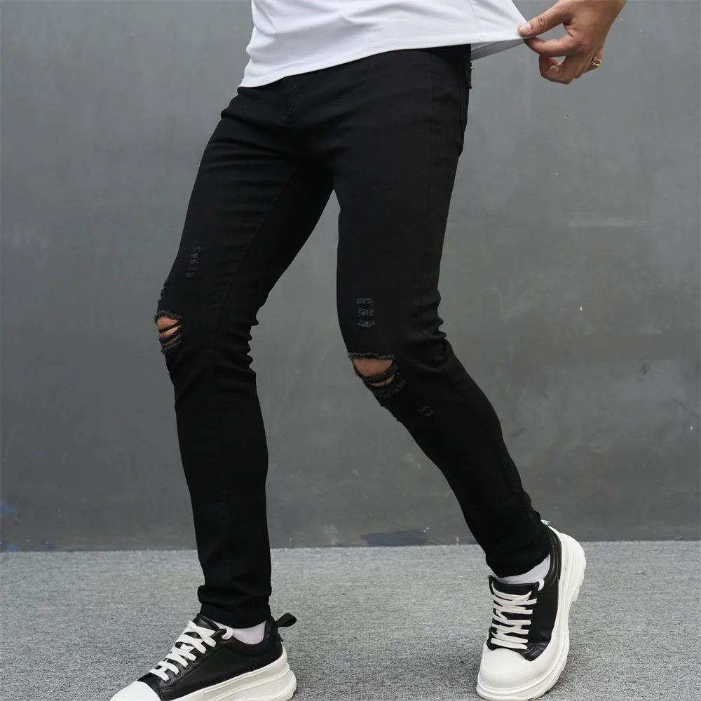 Men Simple Solid Holes High Street Stretch Skinny Jeans Pants Male Distressed Slim Pencil Jogging Denim Trousers 250210