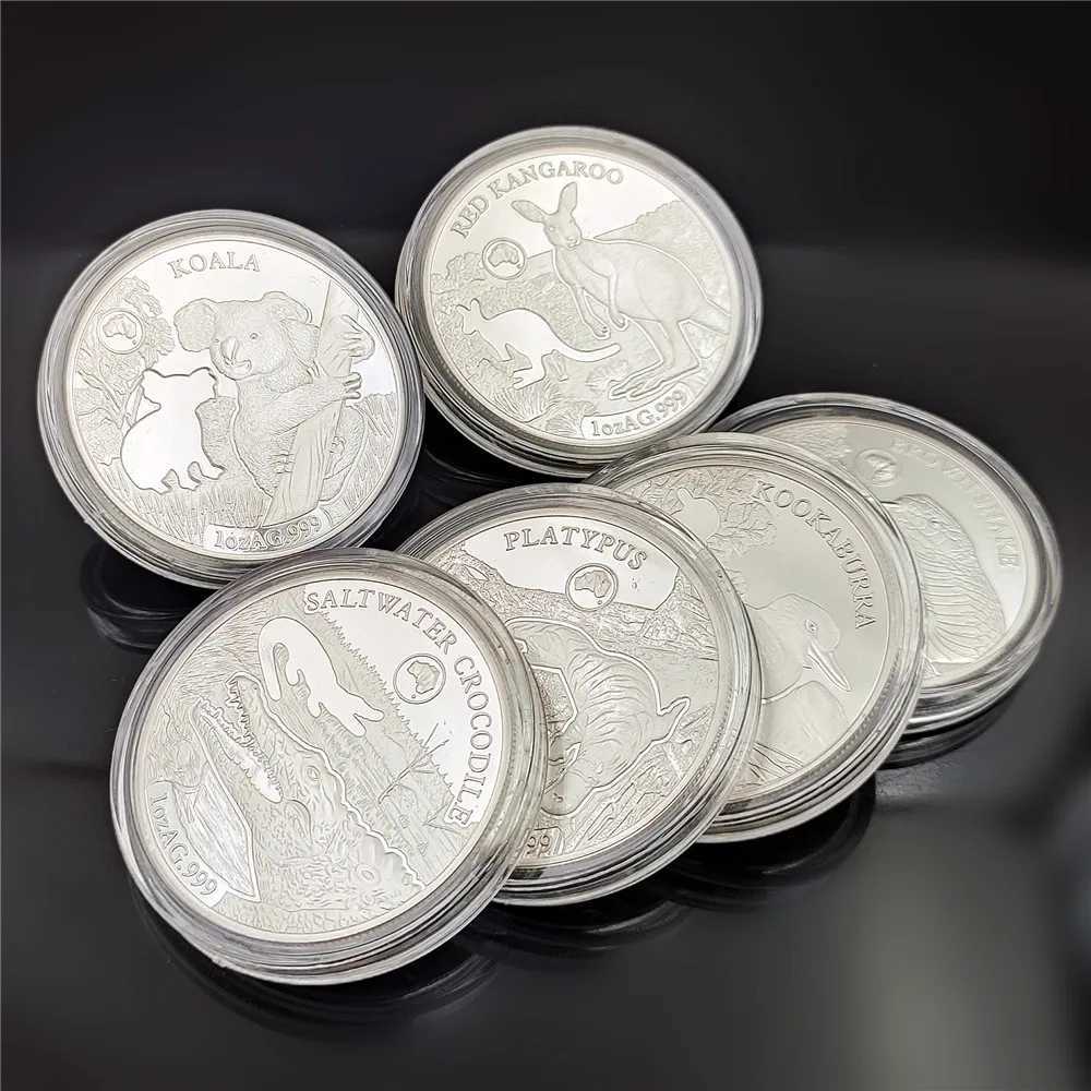 6PCs 2019 Australia Silver Coins Koala Saltwater Crocodie Kangaroo Snake 1 OZ Animal Silver Coin Elizabeth Souvenir GiftsXJ250214