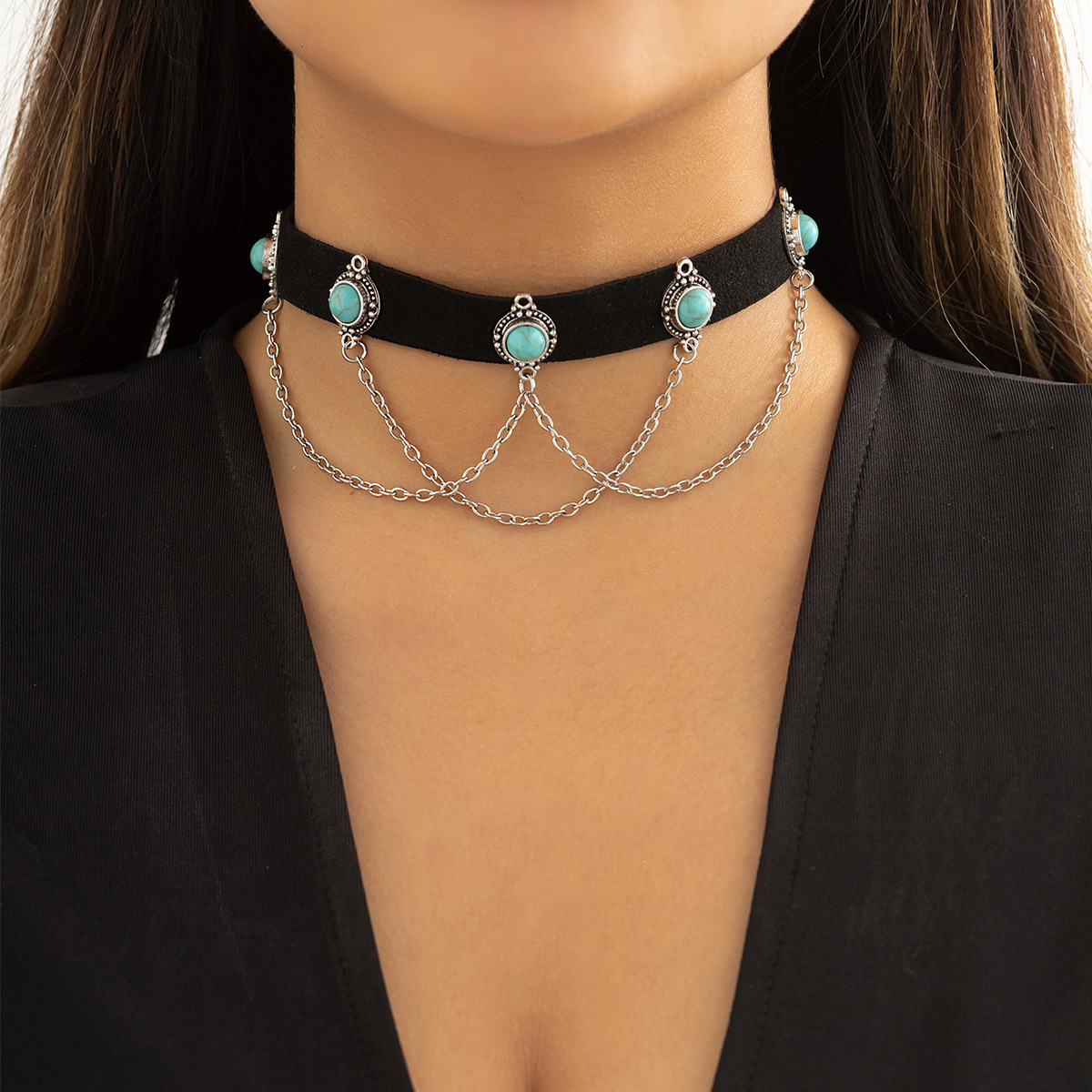 designer Woman Jewelry alloy sweet cool spicy girl choker collar black veet turquoise tassel necklace