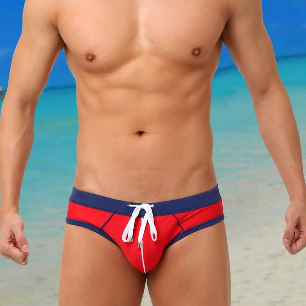 Mens Swim Shorts Stretchy Swim Briefs Mens Quick-drying Patchwork Color Swimming Briefs for Beach Surfing Push-up Swimwear W250214