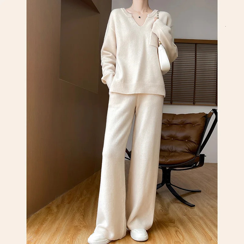 Spring and Autumn 100% Pure Wool Knit Womens Suit Vneck LongSleeved Sweater WideLeg Pants Trendy TwoPiece Set 250213