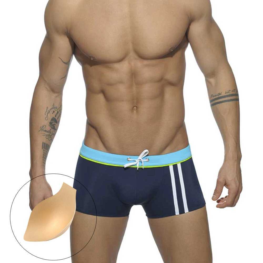 Sexy Mens Swim Trunks Nylon Quick Dry Side Stripe Pad Push Bathing Suit Fashion Male Mayo Sport Beach Surfing Board Shorts M-XXL W250214