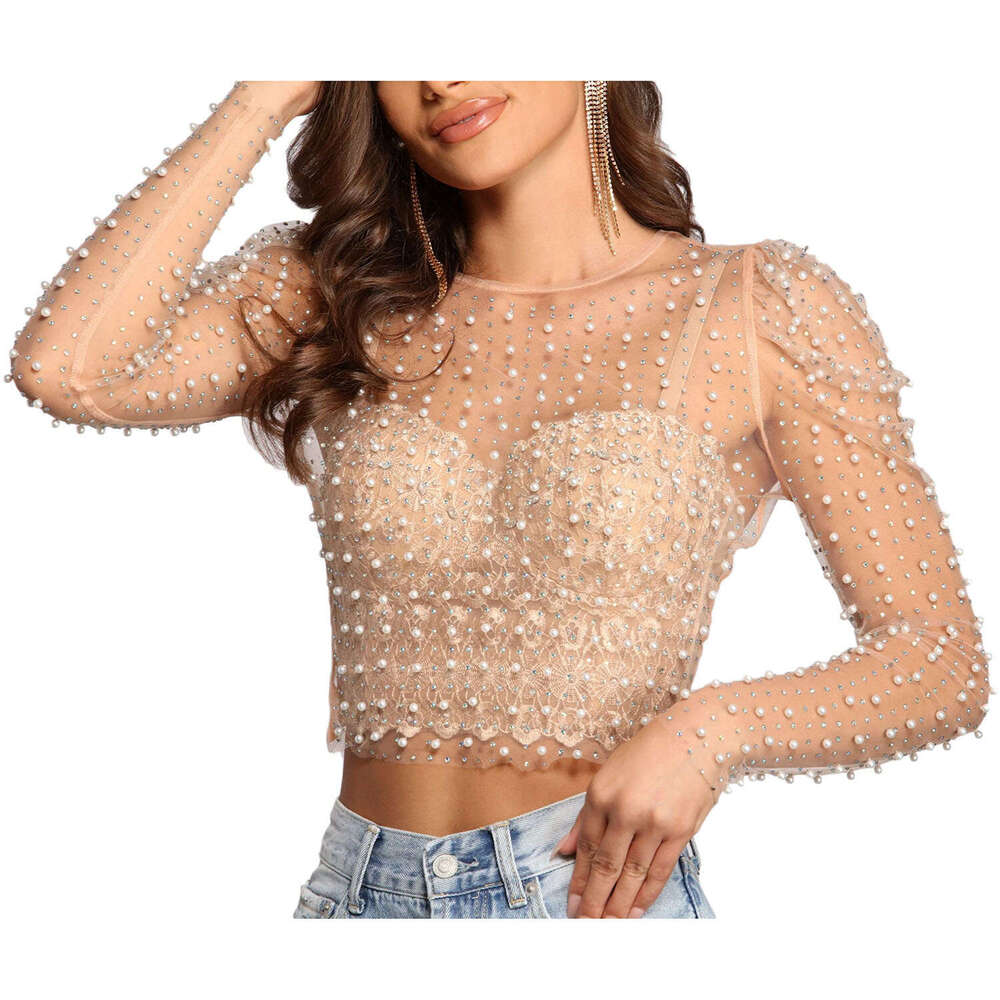 Summer Hot Pot Dia Bead Bubble Sleeve Mesh Top 2025 New Casual Fashion Trendy Clothing