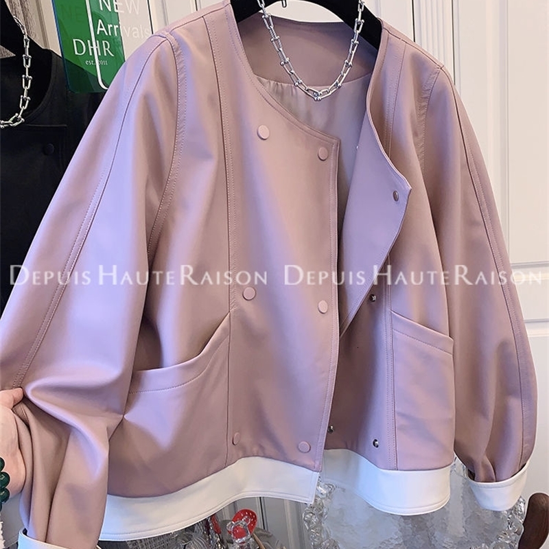 Retro Hong Kong Style Chic Sweet and Spicy Contrasting Color Neutral Retro Style Leather Jacket Womens Short Style Dad Style 250206