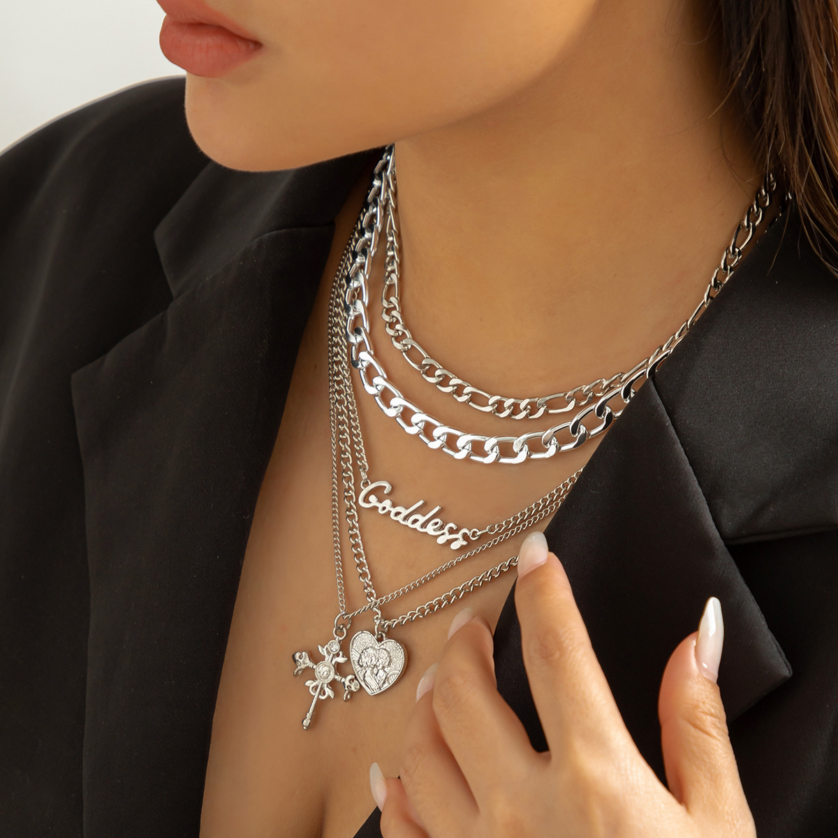 Woman Jewelry multi-layer portrait cross pendant fashion with hip-hop style letter chain necklace for women