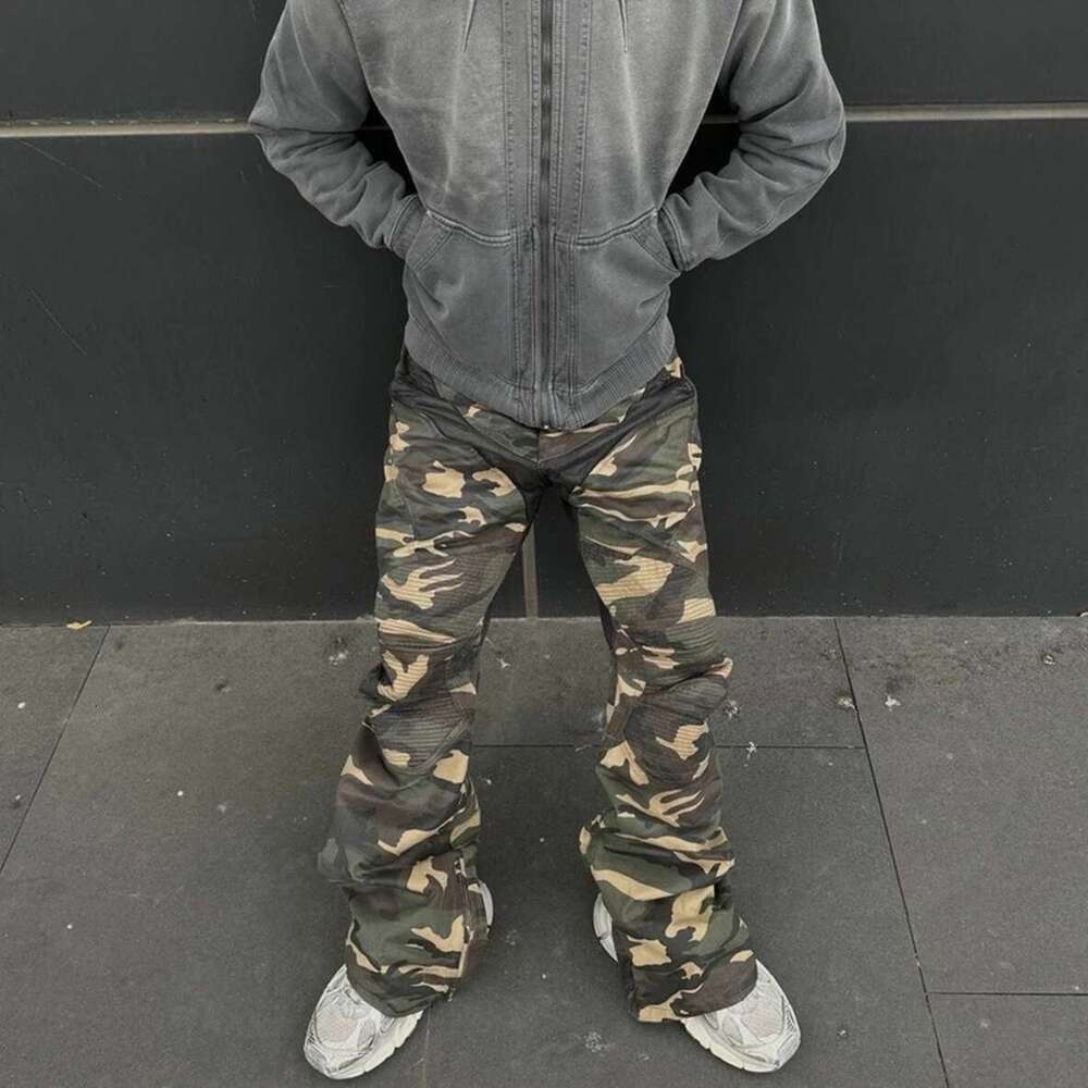 Camouflage Coated Micro Flared Motorcycle Pants For Men Patchwork Baggy Jeans Ankle Zipper Boot Cut