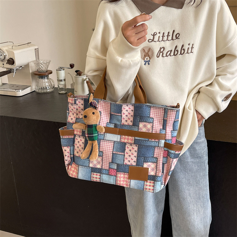 Bag Large Capacity Denim Canvas Tote Bag, Women's New Fashionable And Versatile Single Shoulder Ins Stylish Splicing Crossbody Bag