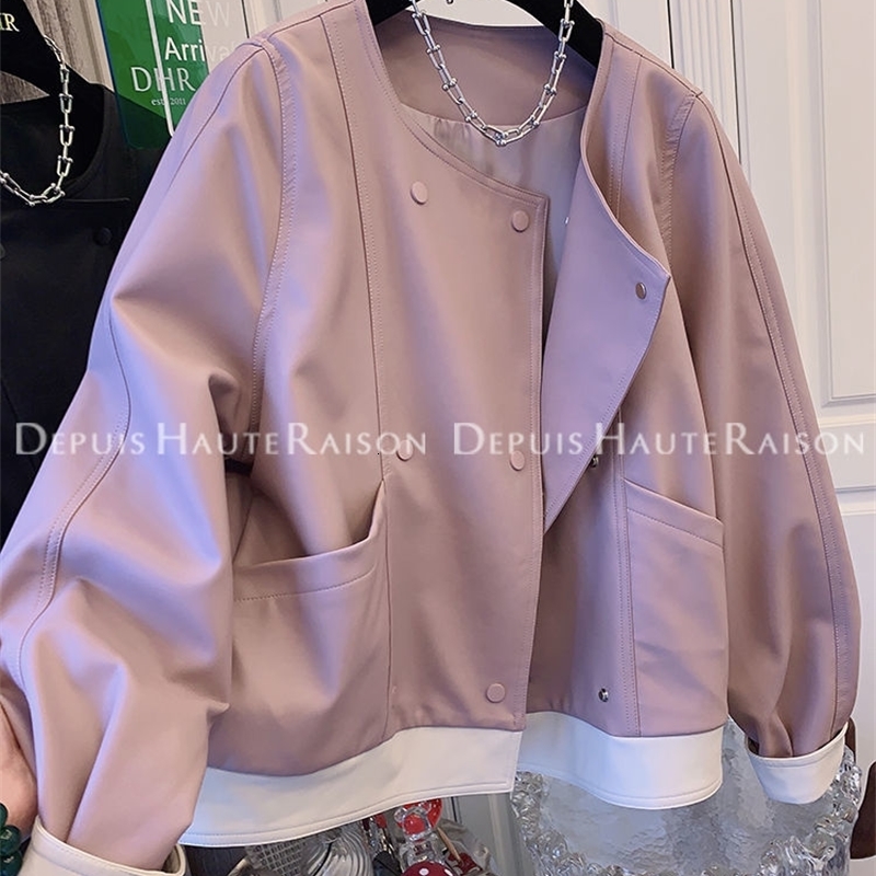 Retro Hong Kong Style Chic Sweet and Spicy Contrasting Color Neutral Retro Style Leather Jacket Womens Short Style Dad Style 250206