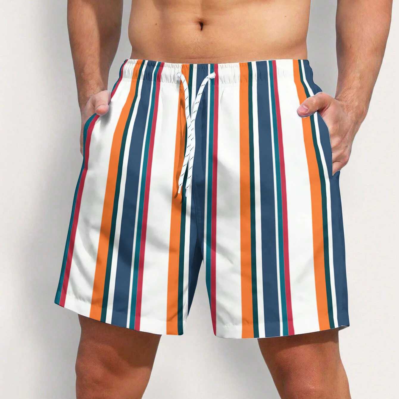 Mens Stripe Beach Shorts Colorful 3d Printed Casual Short Trousers Quick Dry Gym Sportswear Swimming Running Pants For GiftXJ250213