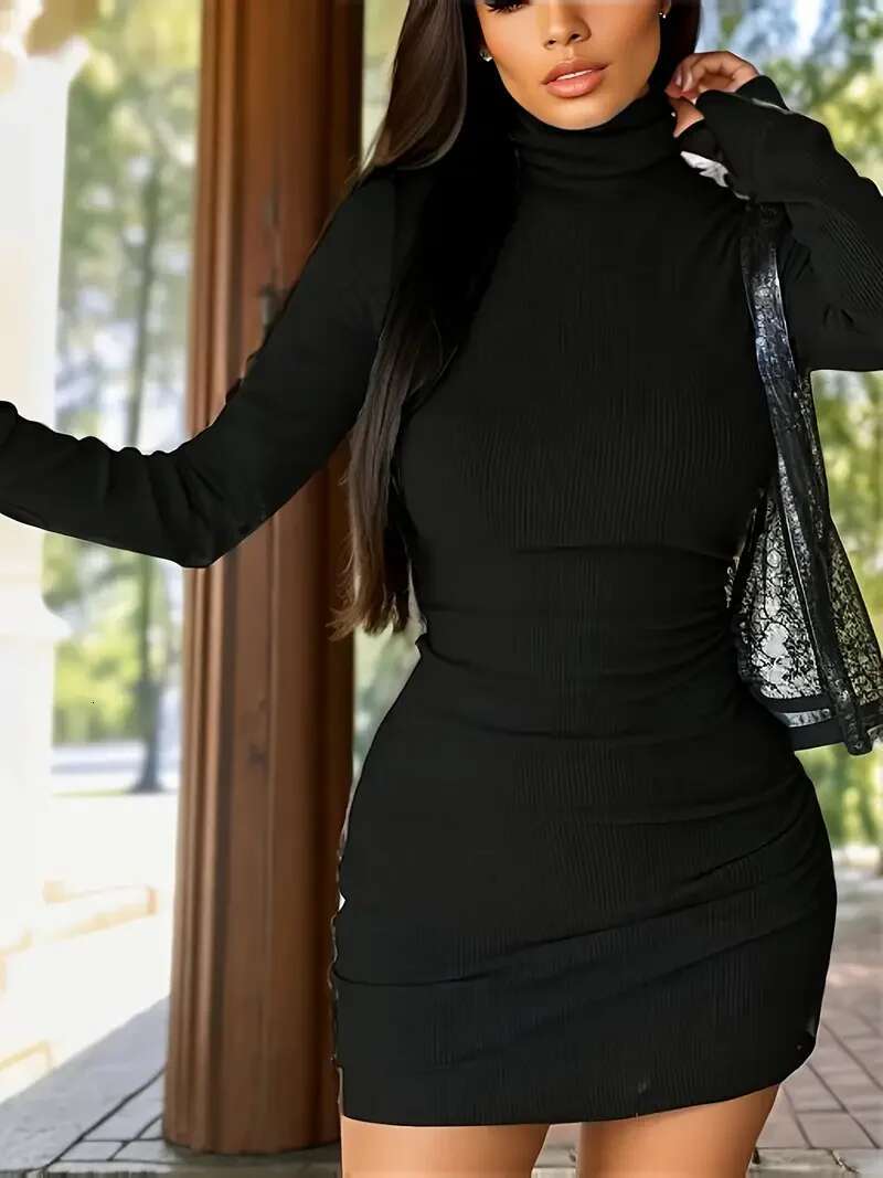 Europe United States With The Latest Spring And Autumn Turtleneck Long Sleeve Tight Bag Hip Temperament Dress