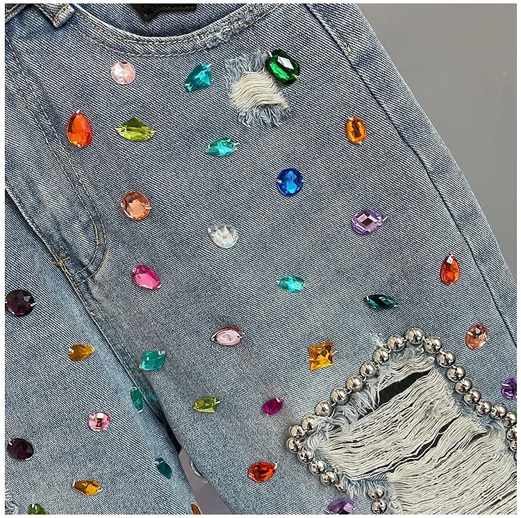 Summer Women Rhinestone Bead Diamond Hollow Out High Waist Denim Shorts Fashion Streetwear Short Pants 250213