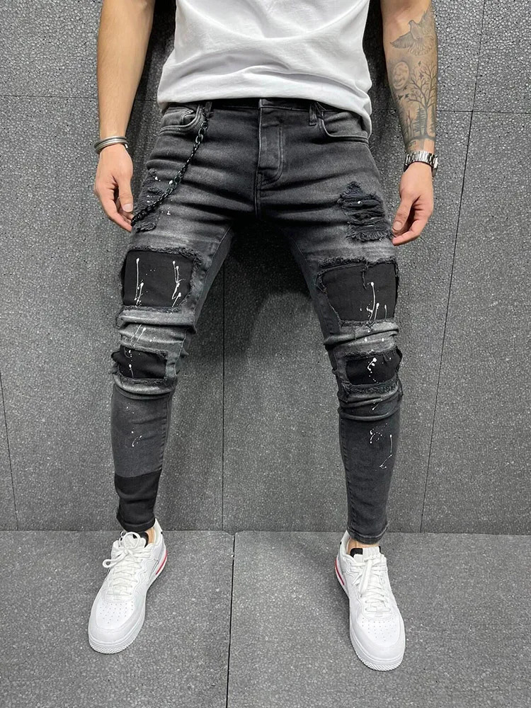 Black 90% Cotton Men Retro Wash Distressed Stretch Ripped Jeans Tight Hole PATCH Denim Pantalones Printing Zipper Joggers 250210