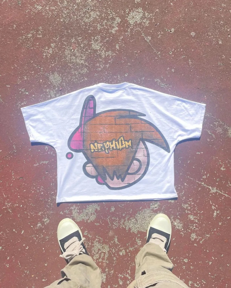 High Street fashion crew neck Short sleeve cartoon print oversized T-shirt for women Y2k Harajuku Fashion vintage couple shirt 250214