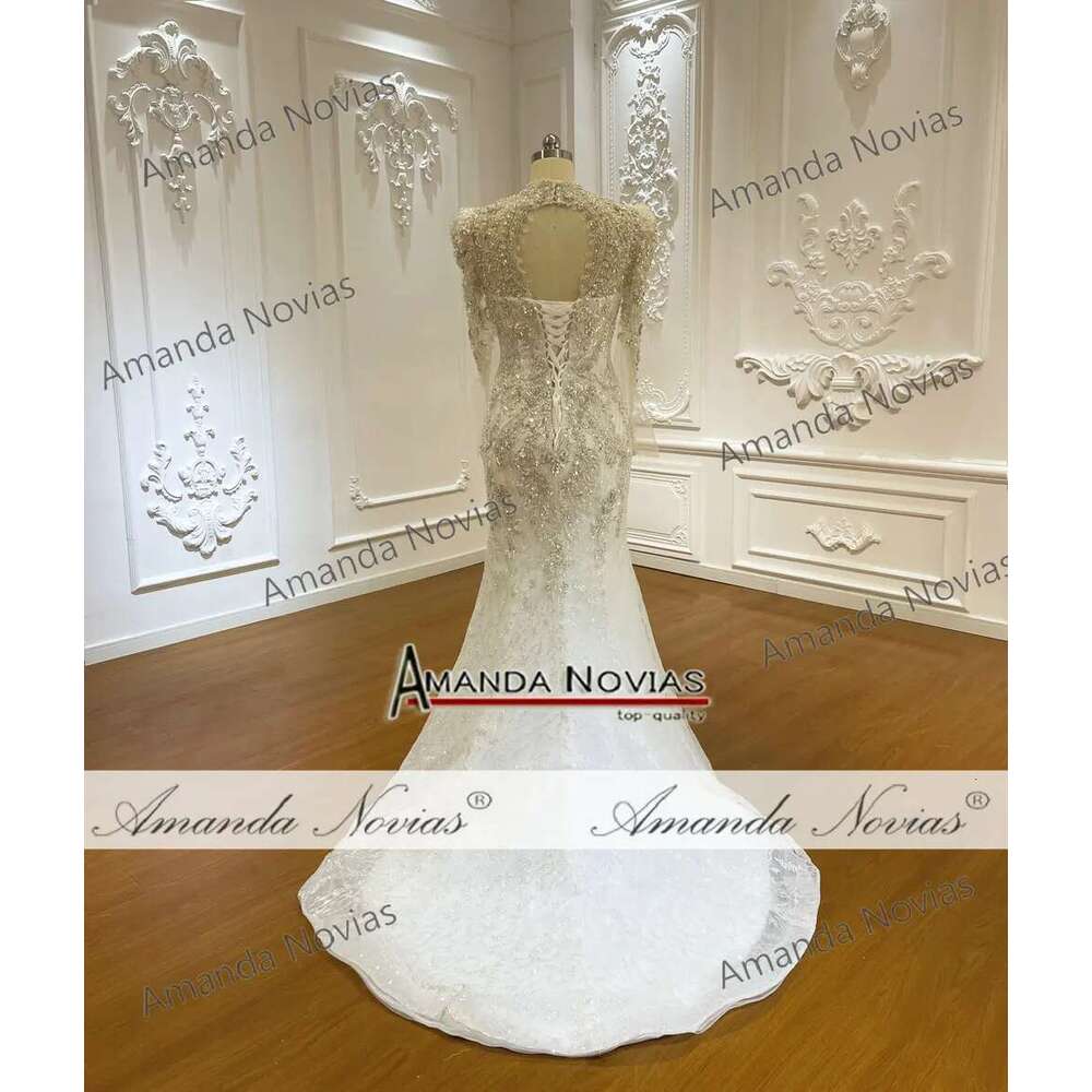 Custom Stylish Long Sleeves High Neck with Detachable Cover Mermaid Bridal Dress