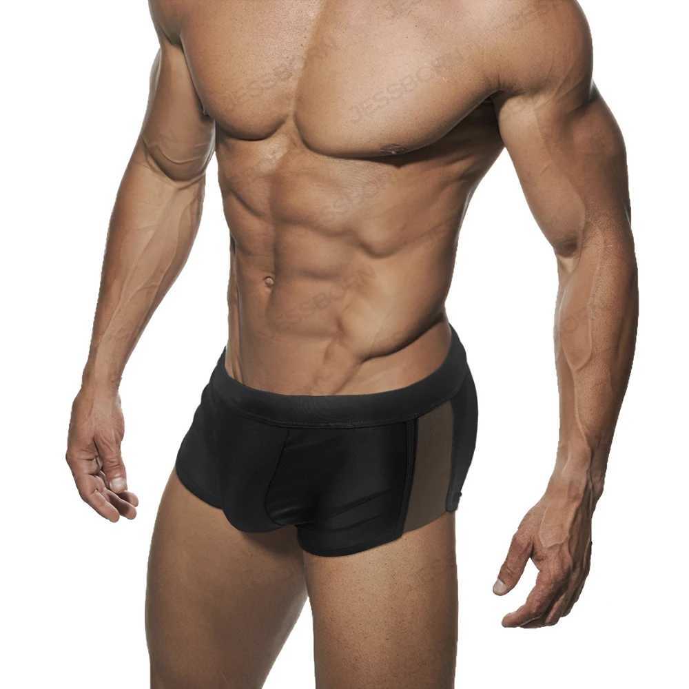 Sexy Mens Mesh Swimming Trunks Nylon Solid Beach Shorts Swimwear Summer Mayo Male Pad Push Up Sport Surfing Bathing Suit W250214