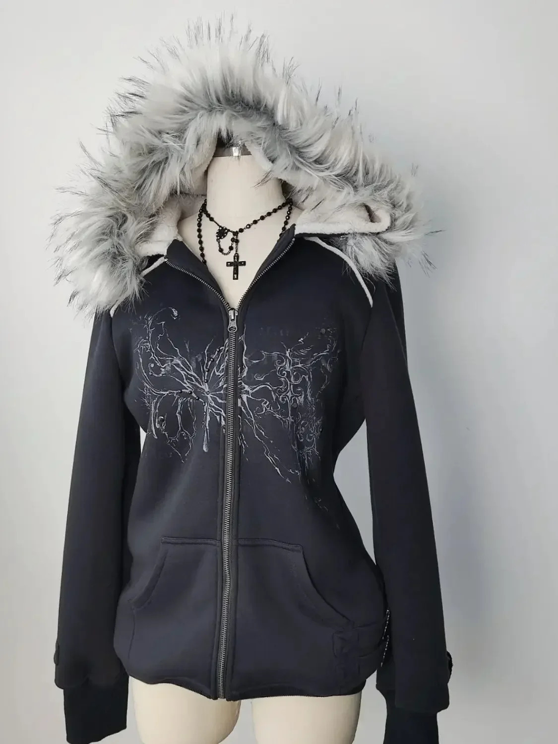 Retro Printed Black Top with Hooded Subculture Harajuku Gothic Coats Y2k Faux Fur Sweatshirt Jacket Women Spring Thin Korean 250213