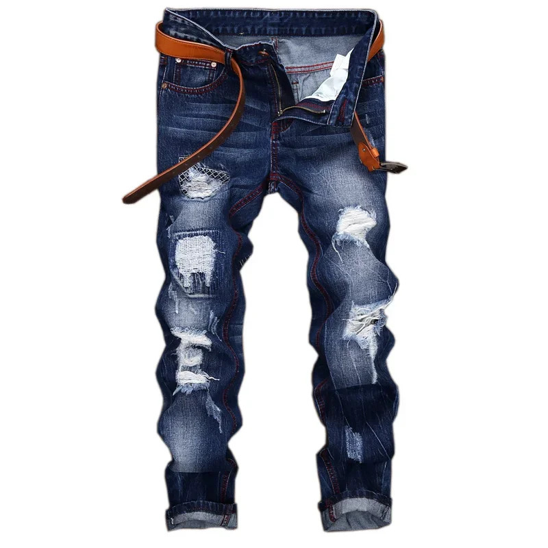 Mens Kneelength Ripped Vintage Jeans without Belt Hiphop High Street Motorcycle Fashion Casual Straight Denim Trousers Male 250210