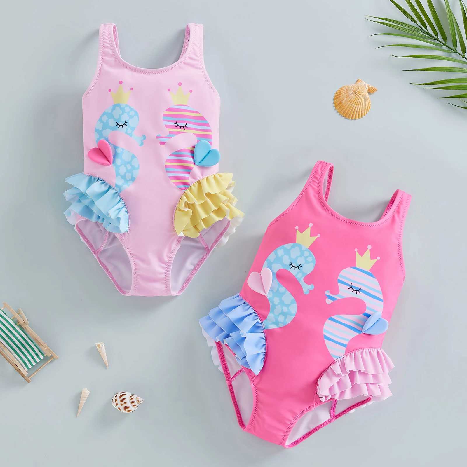 New Fashion Toddler Girls Summer Jumpsuit Bikini Flamingo Little Fish Print Sleeveless Ruffle Swimsuit 18 Months-6 Years Z250214