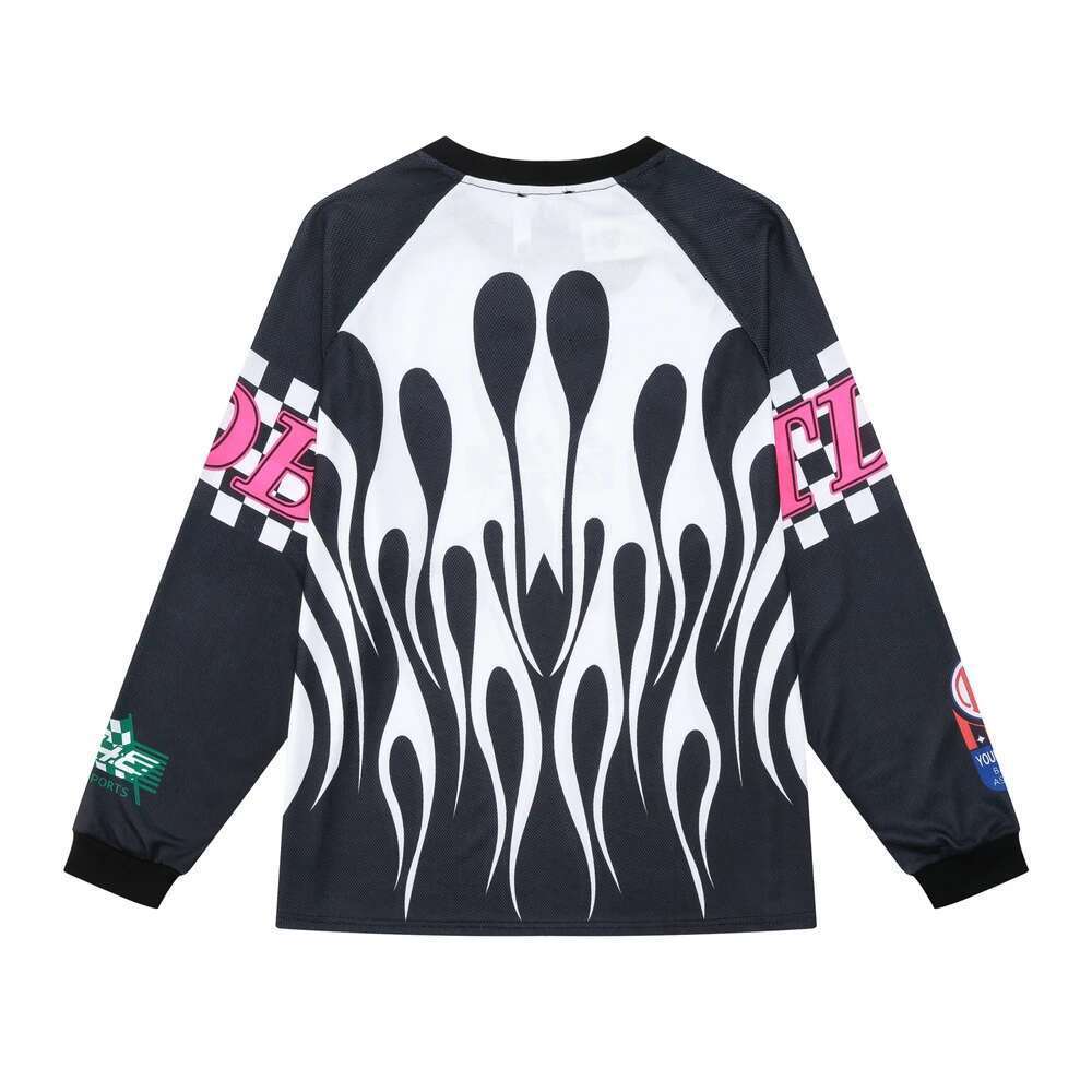 Y2k Flame Color Match Mesh Baseball Shirts For Men And Women Crew Neck Long Sleeve Casual Tshirts Oversized Loose Top Tees