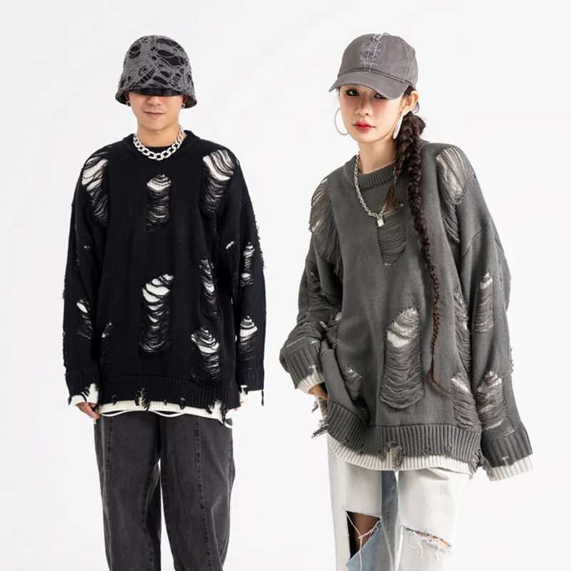 Frayed Hole Double Wear Oversized Pullover Sweater Men's Autumn And Winter Crew Neck Ripped Casual Couple Knitted Sweaters