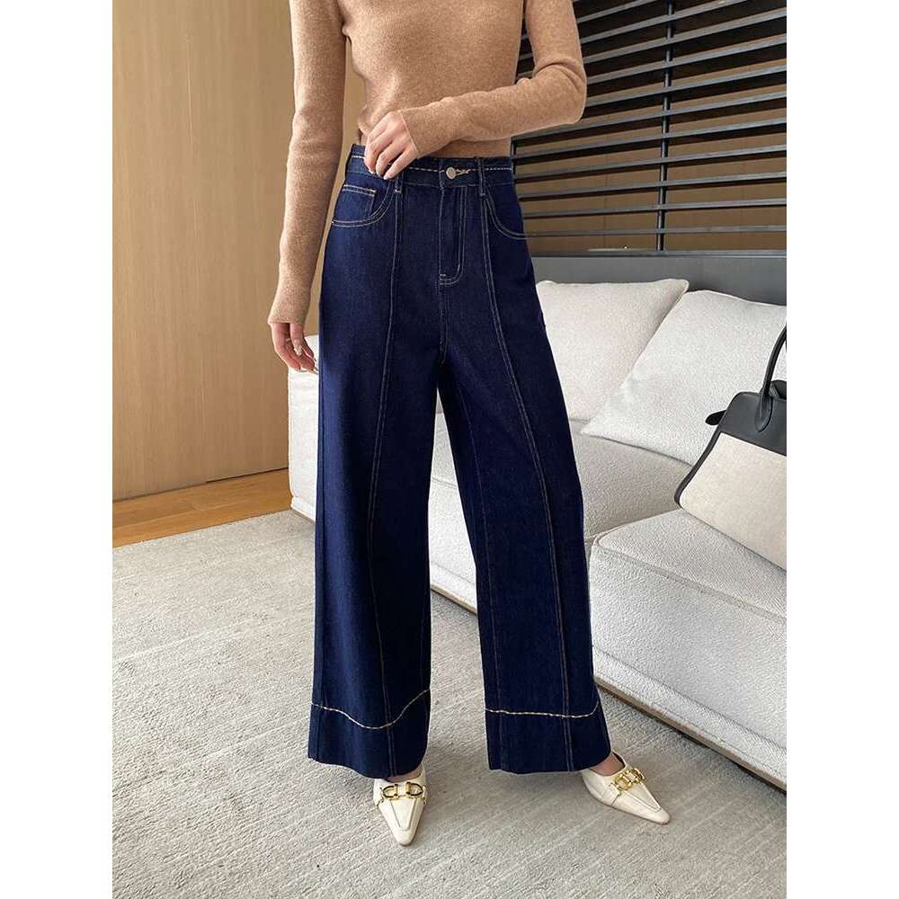 Spliced Design Jeans For Women High Waist Wide Leg Denim Pants Office Lady Loose Trousers 2025 Autumn New 26C184