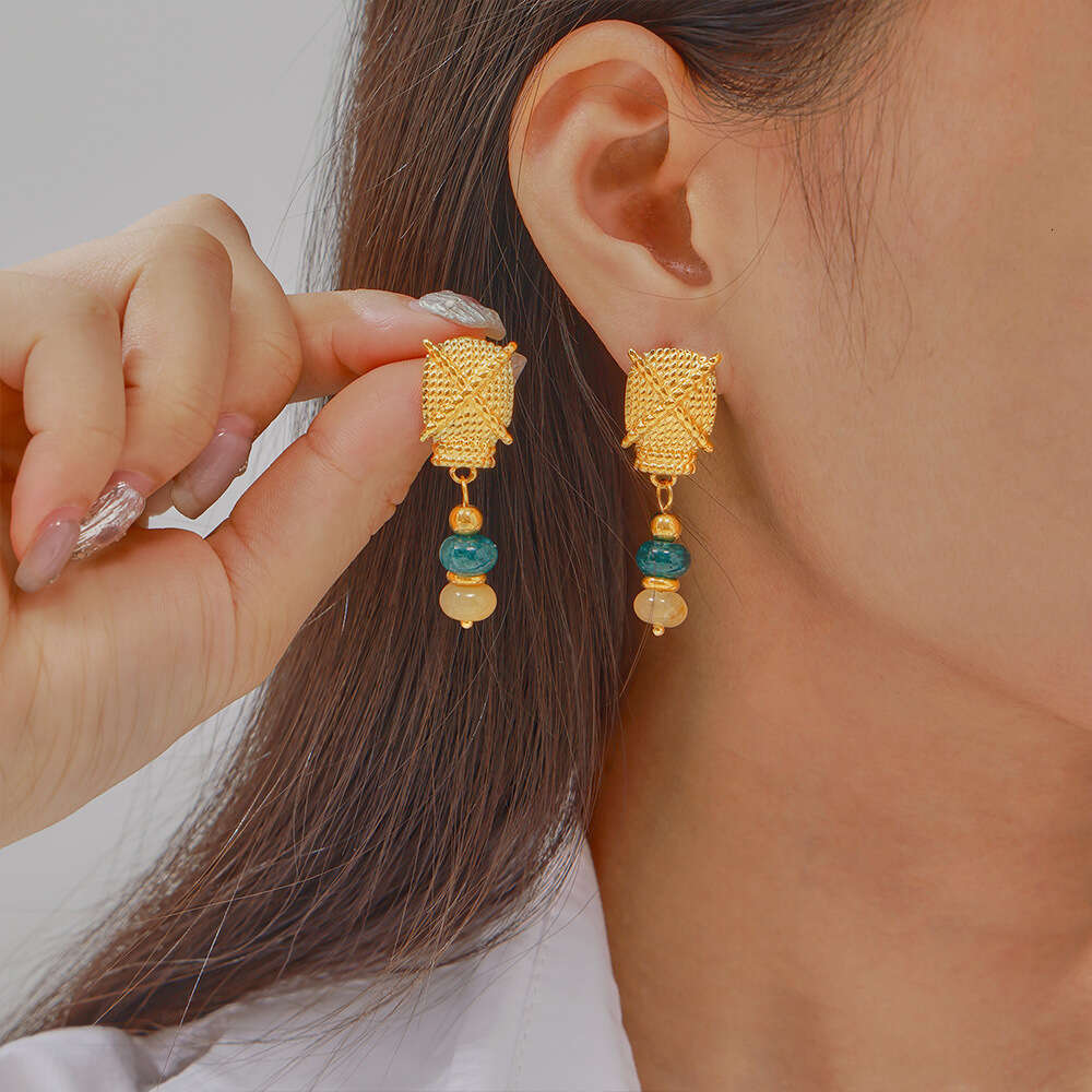Bohemian polka dot texture titanium steel gold-plated ethnic style natural stone tassel earrings