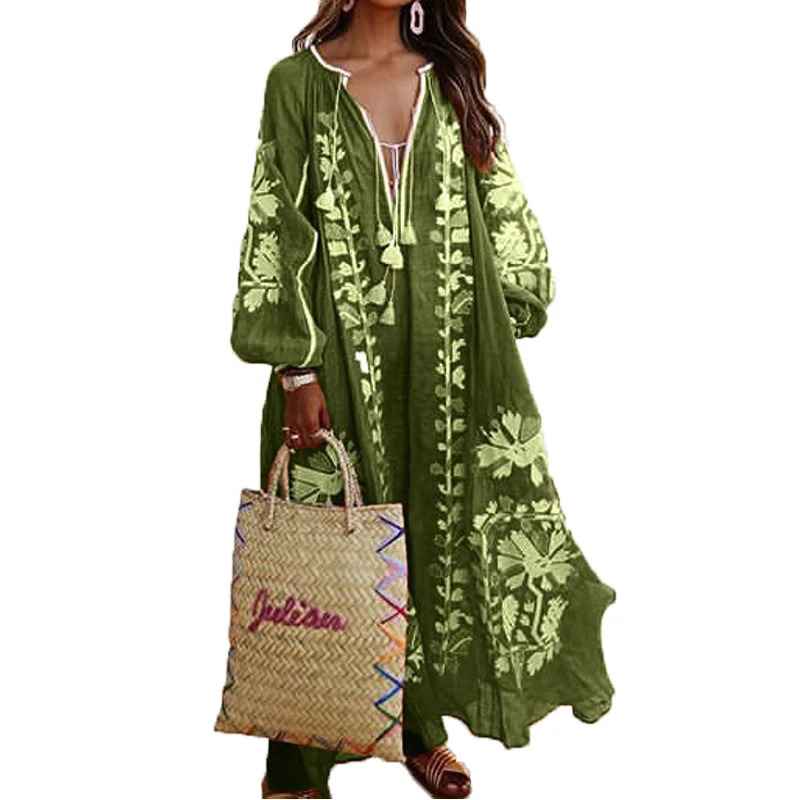 Womens Maxi Dress Boho Print Lace Up Long Sleeve Dress V-neck Loose Fashion Bohemian Beach Vintage Ruffle Hem Print Dresses 250213