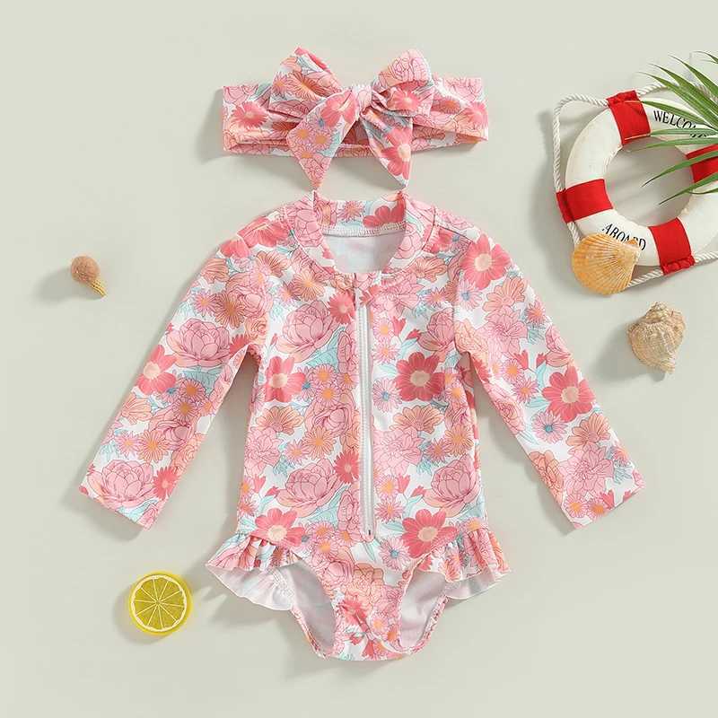 Yiiciovy Baby Kids Girls Rash Guard Swimsuit Flamingo/Flower Print Zipper Long Sleeve Sun Protection Bathing Suit + Headwear Z250214