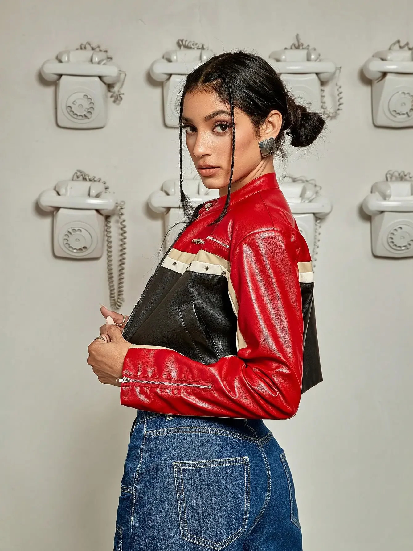 Women Jacket Fashion Punk Bikercor Colorblock Zipper Studded Detail Crop PU Leather Moto Jacket Y2K Short Outerwear for Female 250122