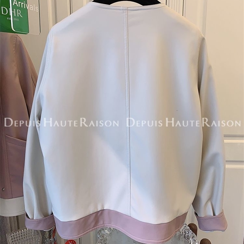 Retro Hong Kong Style Chic Sweet and Spicy Contrasting Color Neutral Retro Style Leather Jacket Womens Short Style Dad Style 250206