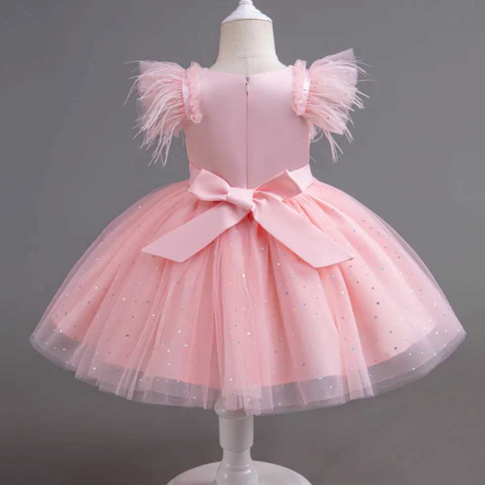 Summer Girls New Bow Sequin Flying Sleeves Mesh Fluffy Skirt Piano Competition School Graduation Ceremony Dress Z250214