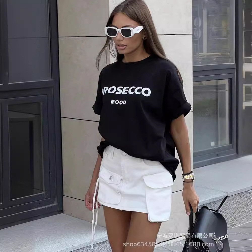 Designer Free Shipping American Letter Printed T-shirt For Women Pure Cotton Round Neck Loose Short Sleeved Top INS Style