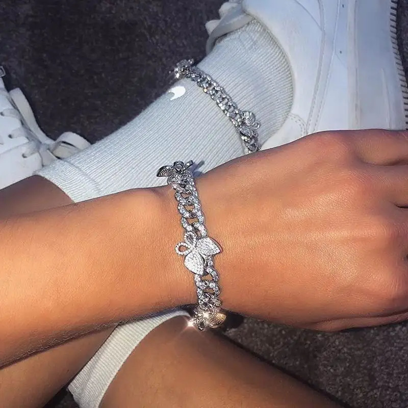 Parking CZ Rectangle Butterfly Anklet 10mm Iced Out Bling Miami Cuban Link Gold Silver Color Anklets Women Hiphop Jewelry 250211