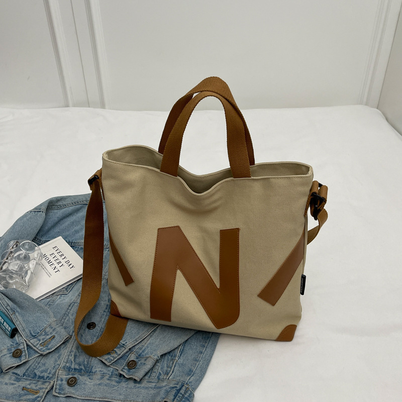 Bag Handheld Canvas Women's New Large Capacity Shoulder Bag, Fashionable Letter Student Class Commuting Bag