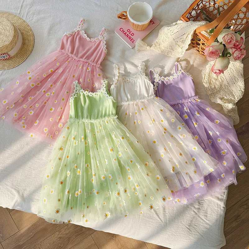 Girls Casual Dresses Little Daisy Flower Mesh Dress for Girls Summer Camisole Pompadour Dress Girls Clothes for2 To 7 Years Z250214
