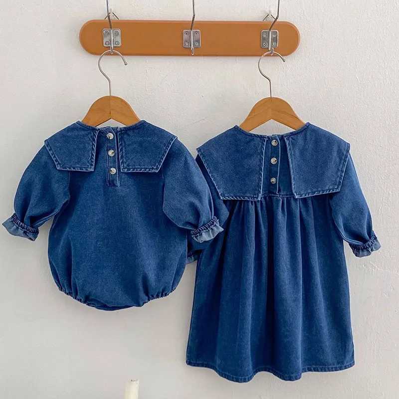 2024 New Autumn Sister Dress 2-6Yrs Girl Par Dress Long Sleeved Solid Color Denim Baby Girl Romper Kids Princess Dresses Z250214