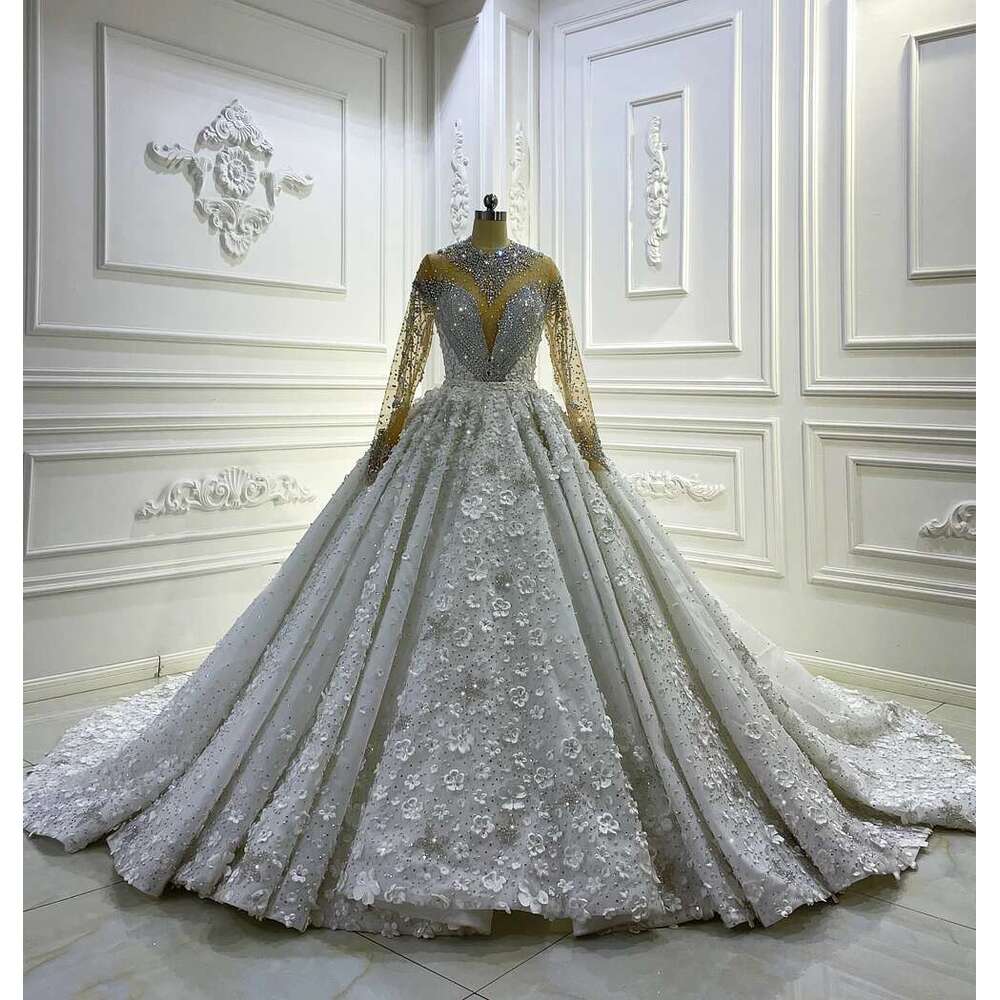 Custom Handmade Lace Long Sleeve 2 in 1 Ball Gown Wedding Dress