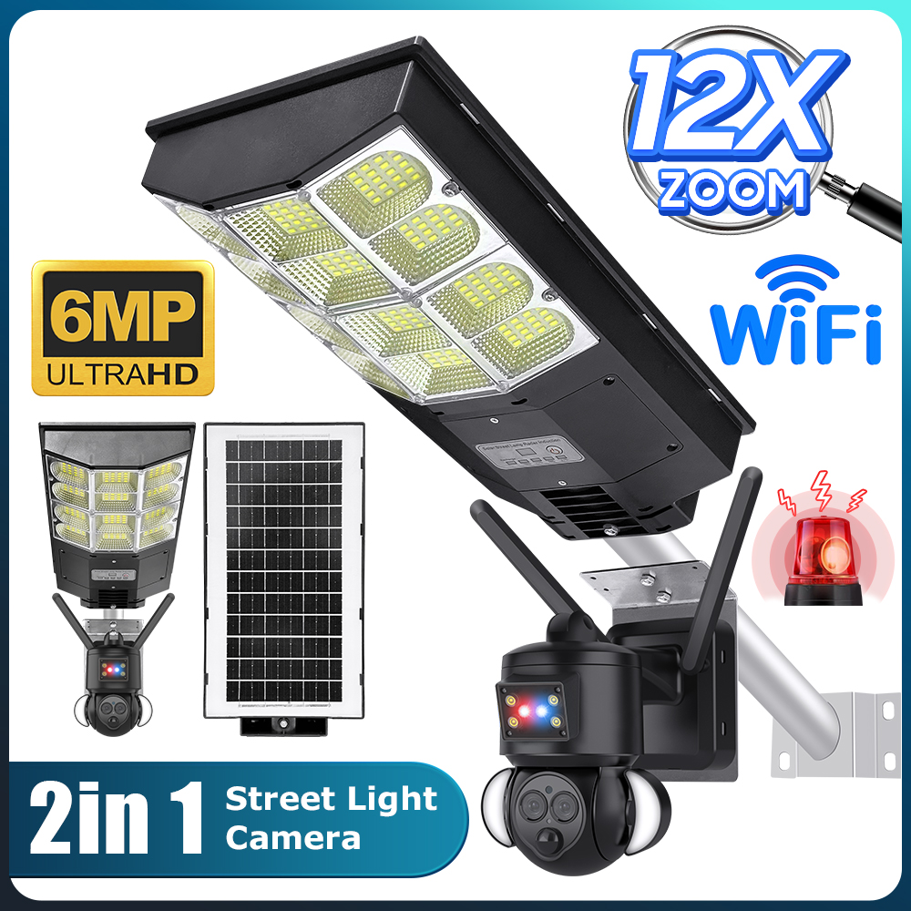 3K 6MP Solar Battery Street Light Camera 4G SIM Outdoor 360° WIFI Solar Security Camera PIR Monitor Night Vision CCTV