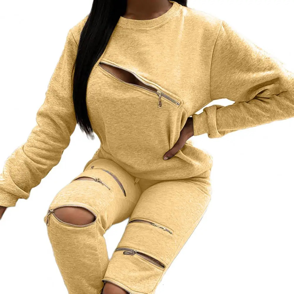 Fashion Zipper Hollow Out Two-Piece Set Autumn Tracksuit Women Elegant O-Neck Tops Casual Long Pants Ladies Suits 250213