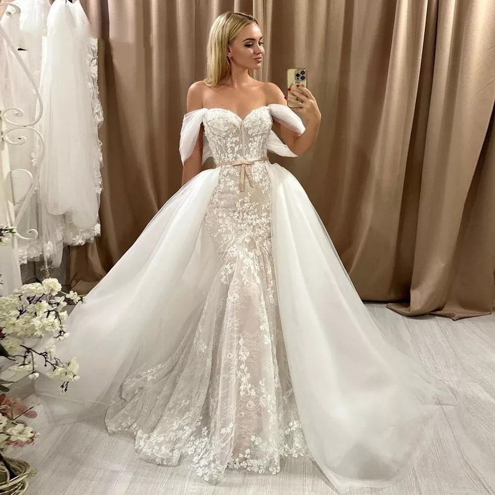 Off Shoulder Lace Mermaid Wedding Dresses With Detachable Train Boho Bridal Gowns Back lace-Up Ivory And Nude Modern Vestido De Novia 2025