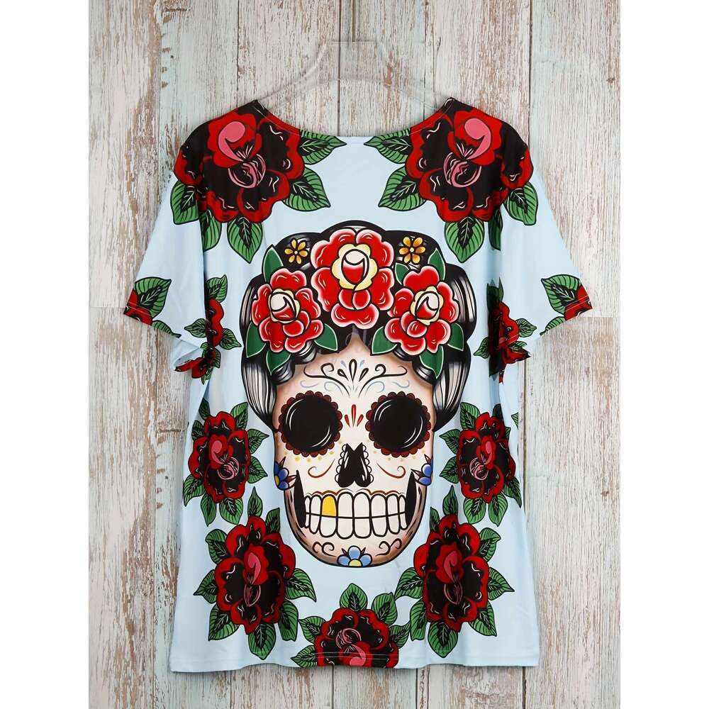 Ral Skull Print V Neck T-Shirt Casual Short Sleeve Top For Spring & Summer Women's Plus Size Clothing