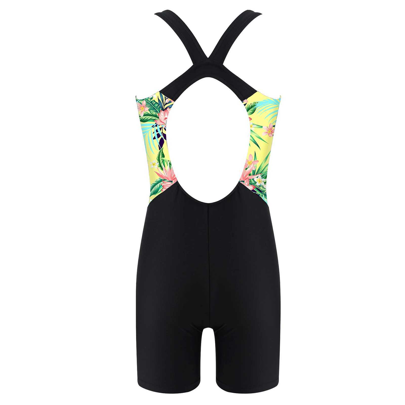 Kids Girls One-piece Swimwear Swimsuit Round Neck Open Back Print Short Jumpsuit Bodysuit for Beach Pool Swimming Bathing Suit Z250214